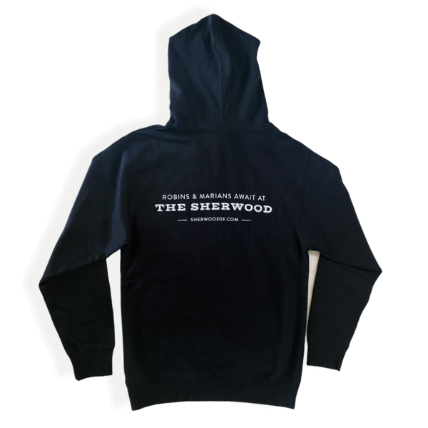 backside of black hoodie, robins and marians await at the sherwood
