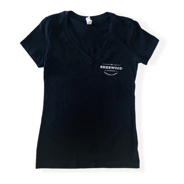 front side black ladies v-neck tee with sherwood chest logo