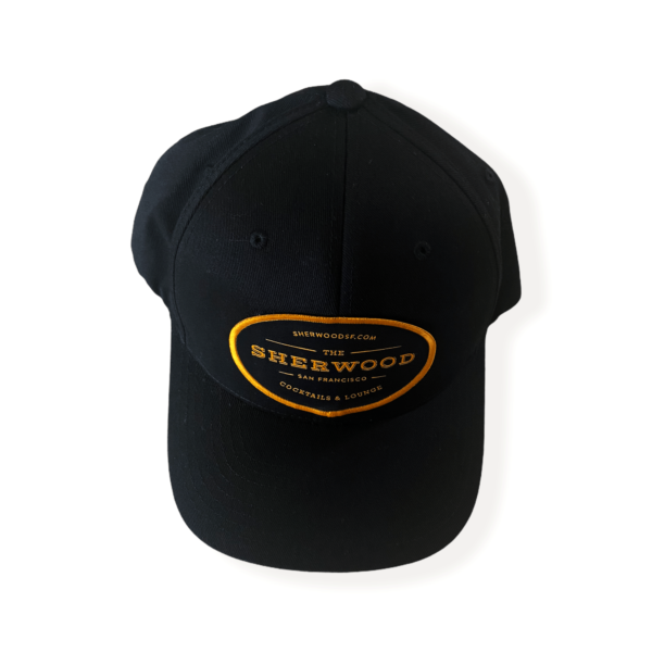 top view sherwood black hat with woven logo patch